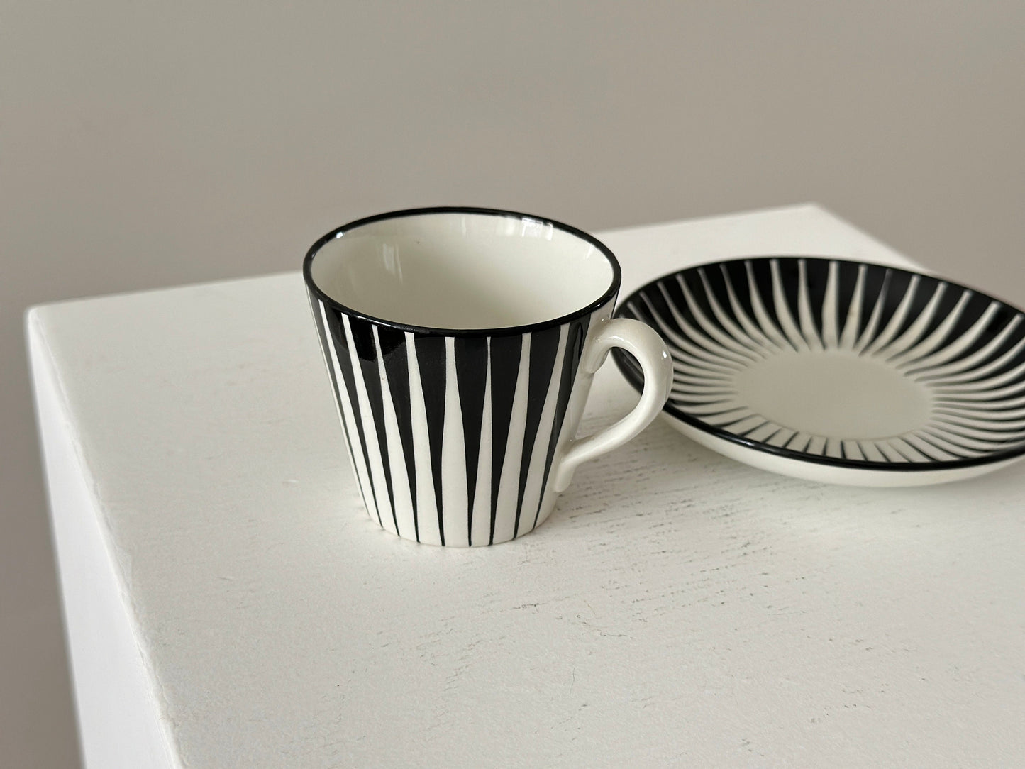 1955 – Upsala-Ekeby 3 inch "Zebra" porcelain coffee cup and saucer by Eugen Trost