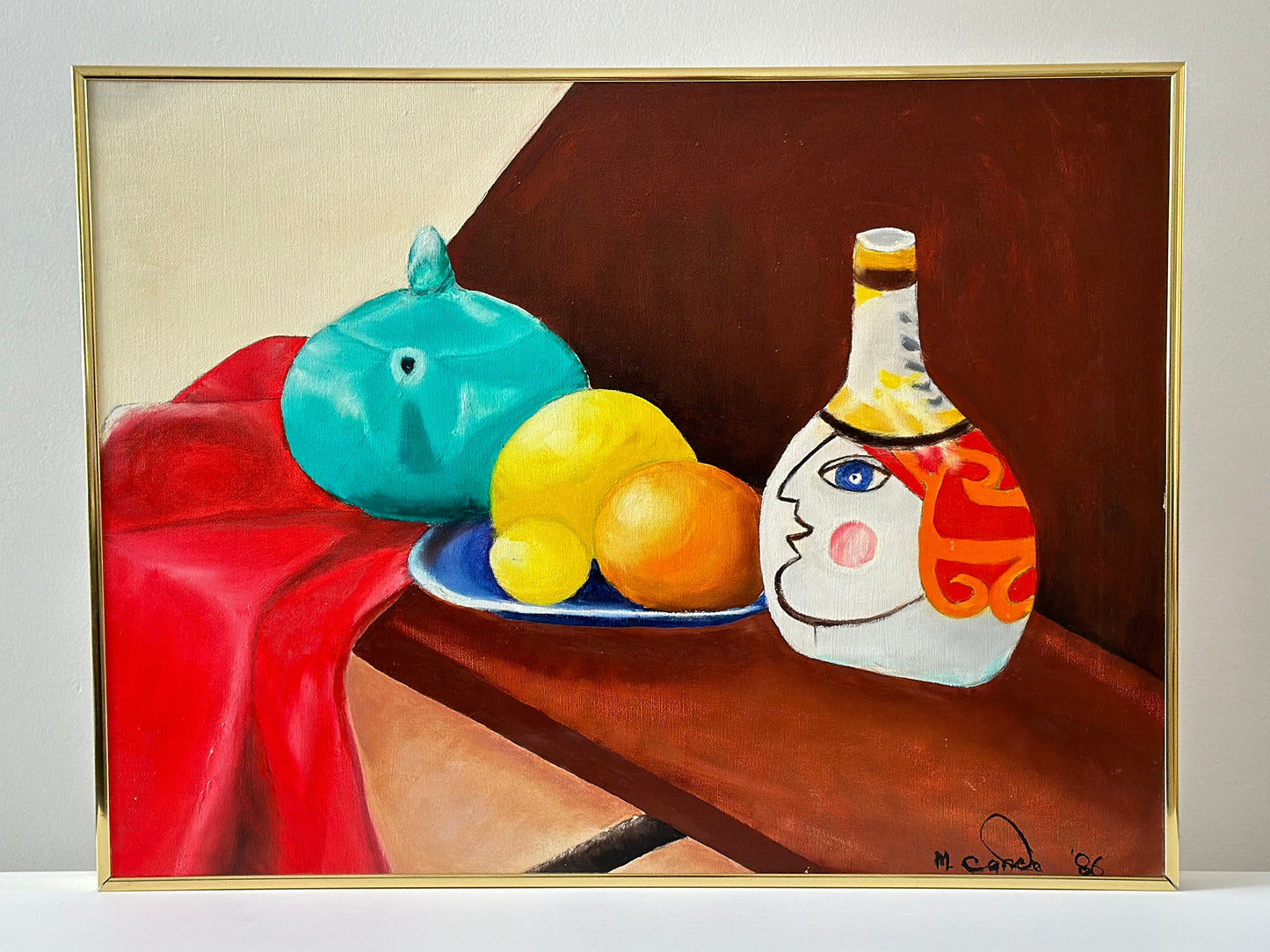 1964 hand painted Giovanni Desimone vase with 1986 still life painting featuring the vase