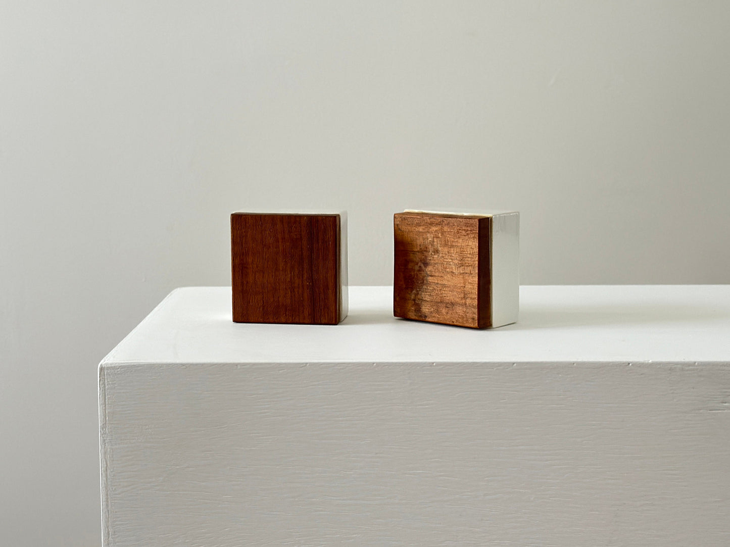1950s – Michael Lax for Raymor pair of porcelain and walnut candle holders