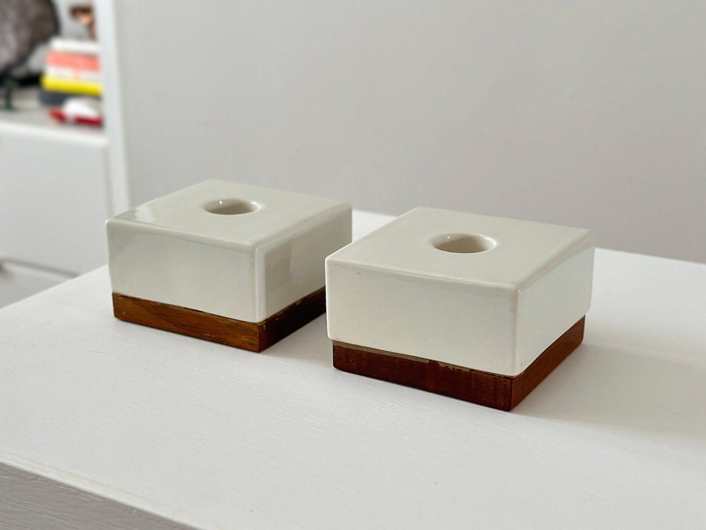 1950s – Michael Lax for Raymor pair of porcelain and walnut candle holders