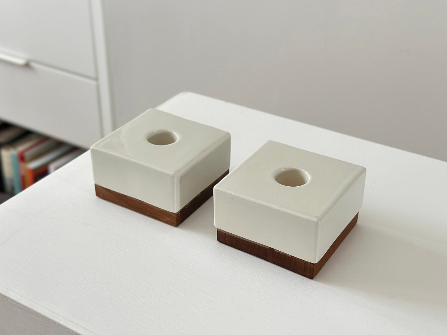 1950s – Michael Lax for Raymor pair of porcelain and walnut candle holders