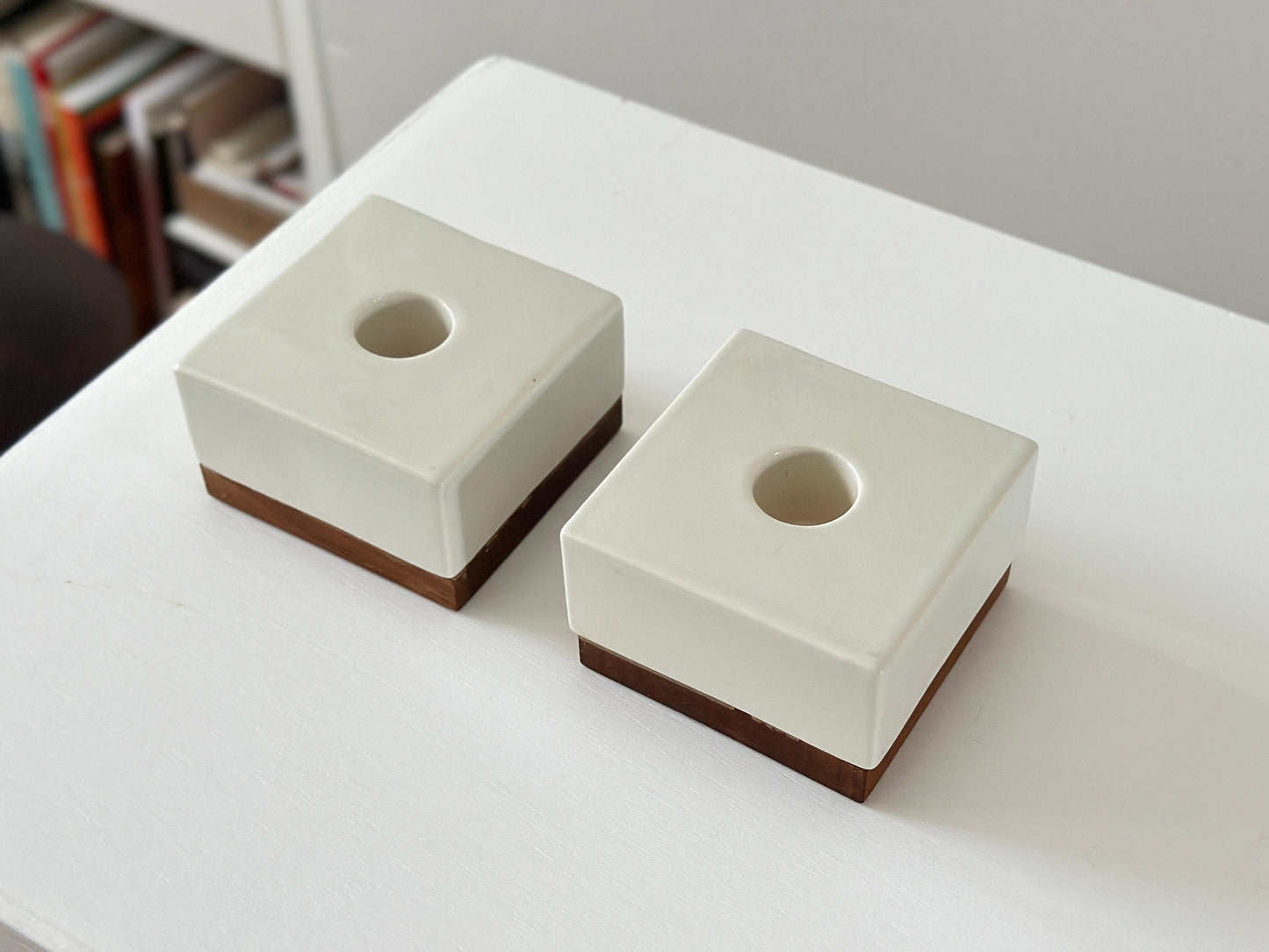 1950s – Michael Lax for Raymor pair of porcelain and walnut candle holders