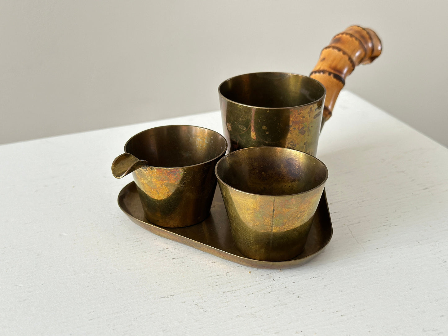 1960s – Schaefer Handarbeit copper with bamboo tray and copper cups and ashtray