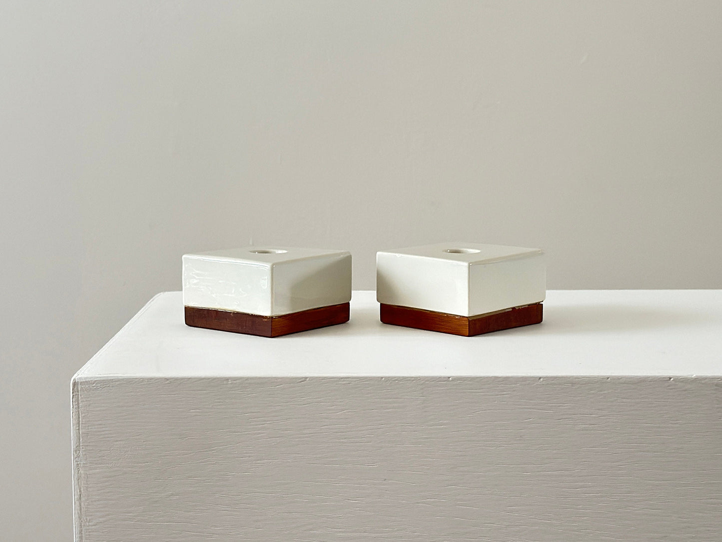 1950s – Michael Lax for Raymor pair of porcelain and walnut candle holders