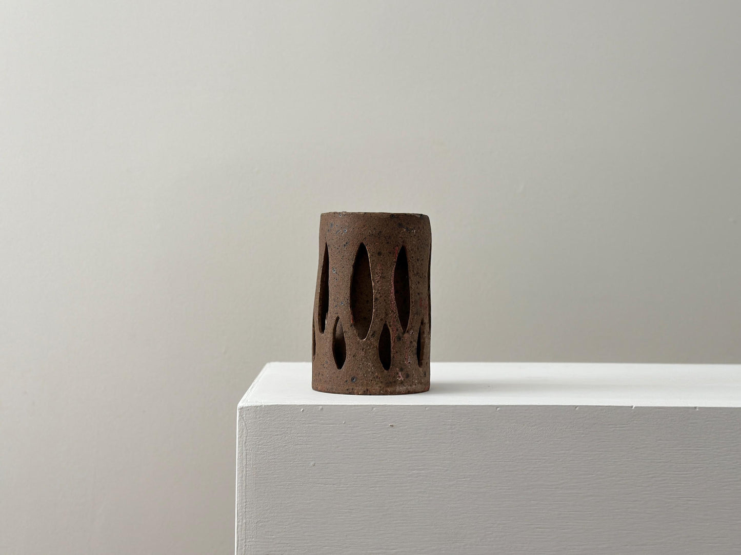 Vintage one-of-a-kind brutalist stoneware vase with double wall cutout design