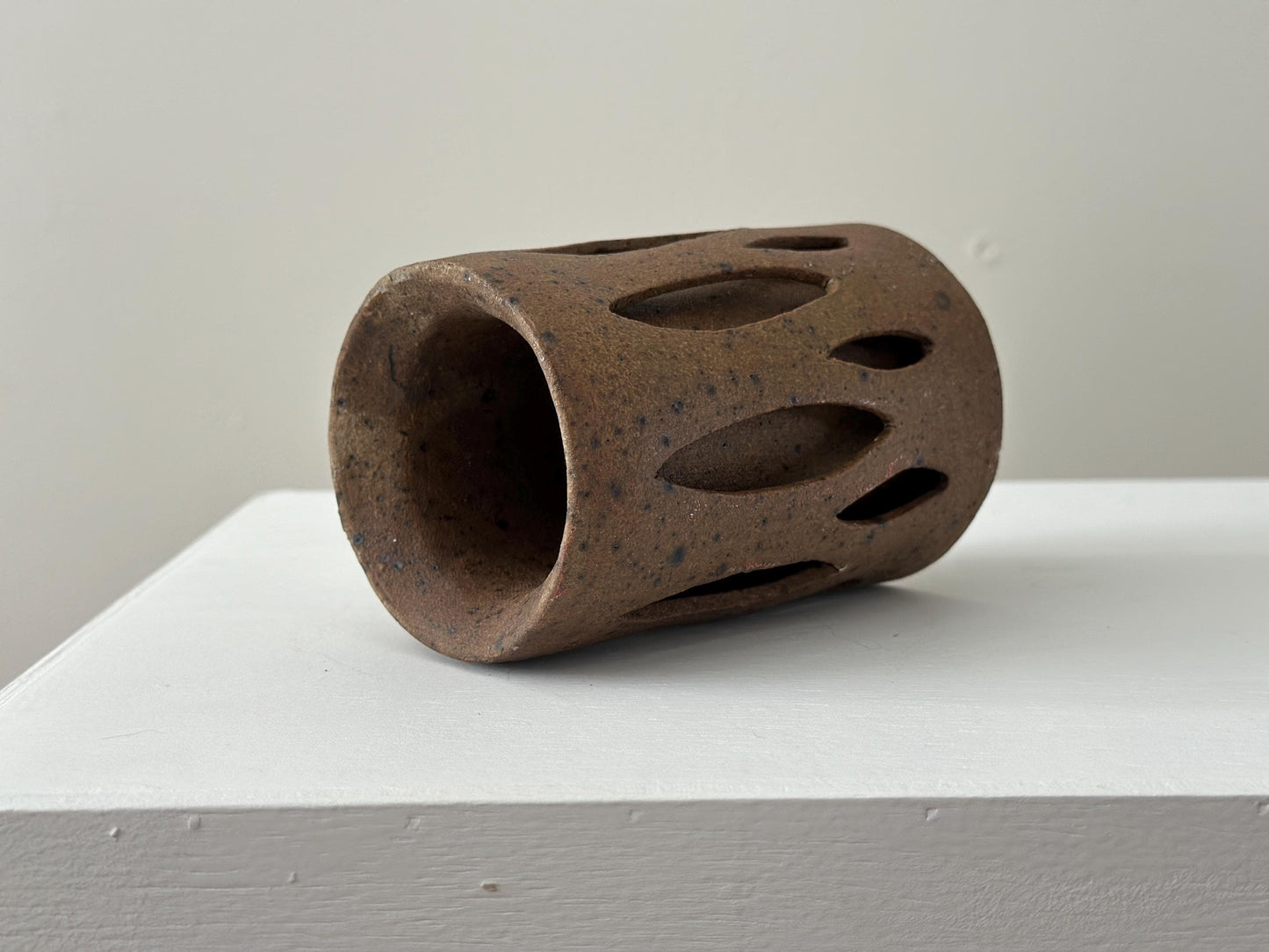 Vintage one-of-a-kind brutalist stoneware vase with double wall cutout design