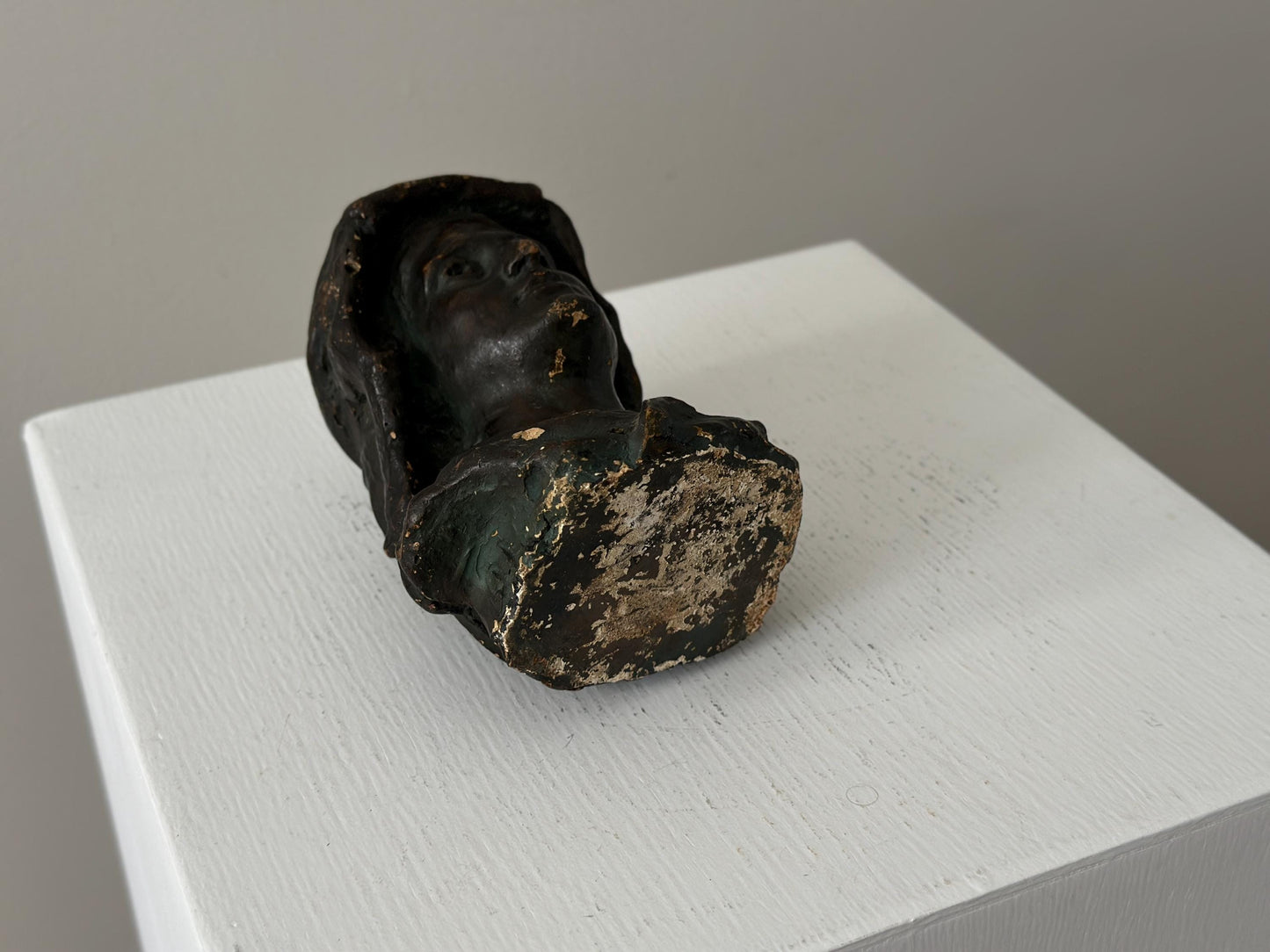 Vintage 6" signed bronze tone clay bust of a hooded man in a classical Renaissance or European aesthetic