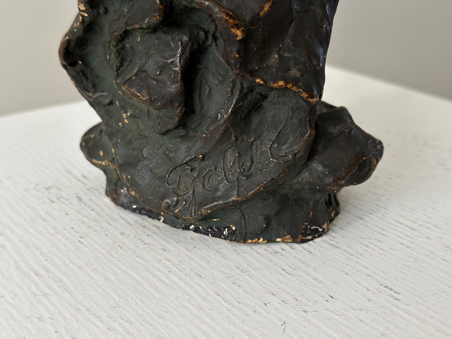 Vintage 6" signed bronze tone clay bust of a hooded man in a classical Renaissance or European aesthetic