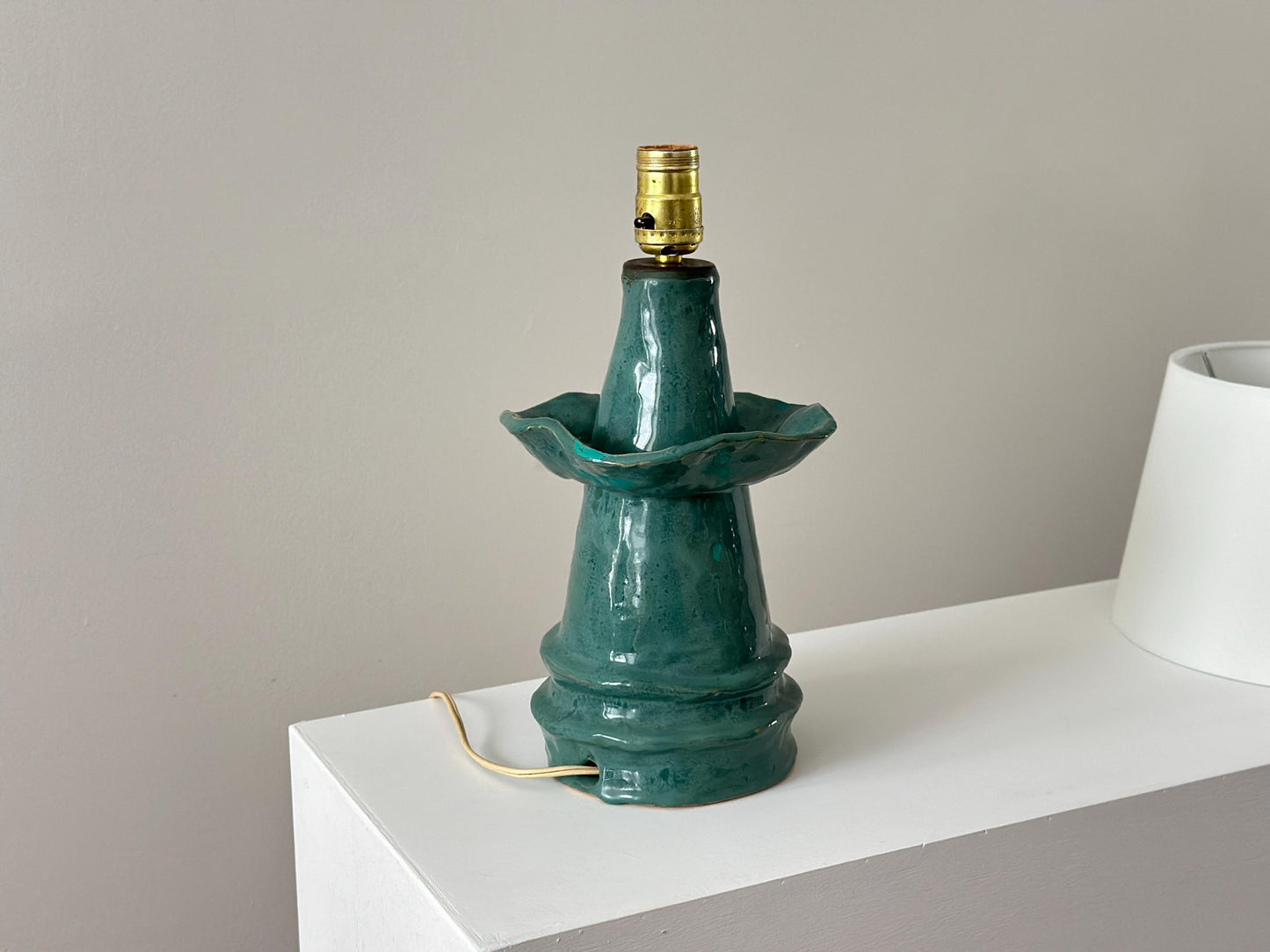 1960s – One-of-a-kind teal pottery lamp with scalloped edge and conical shape