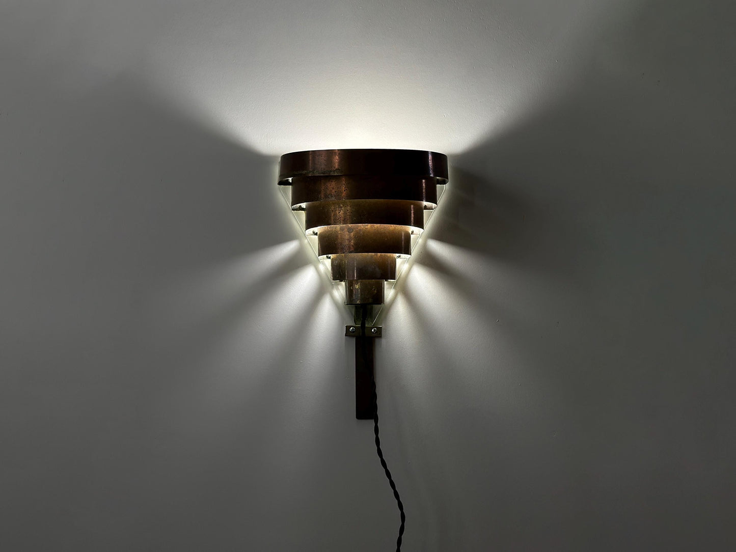 1930s – Art Deco tiered brass wall sconce with lots of patina and character