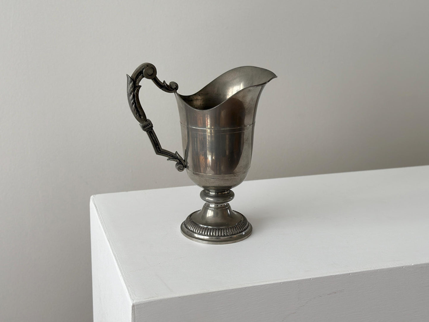 Vintage handcrafted French pewter pitcher with gothic handle and victorian styling