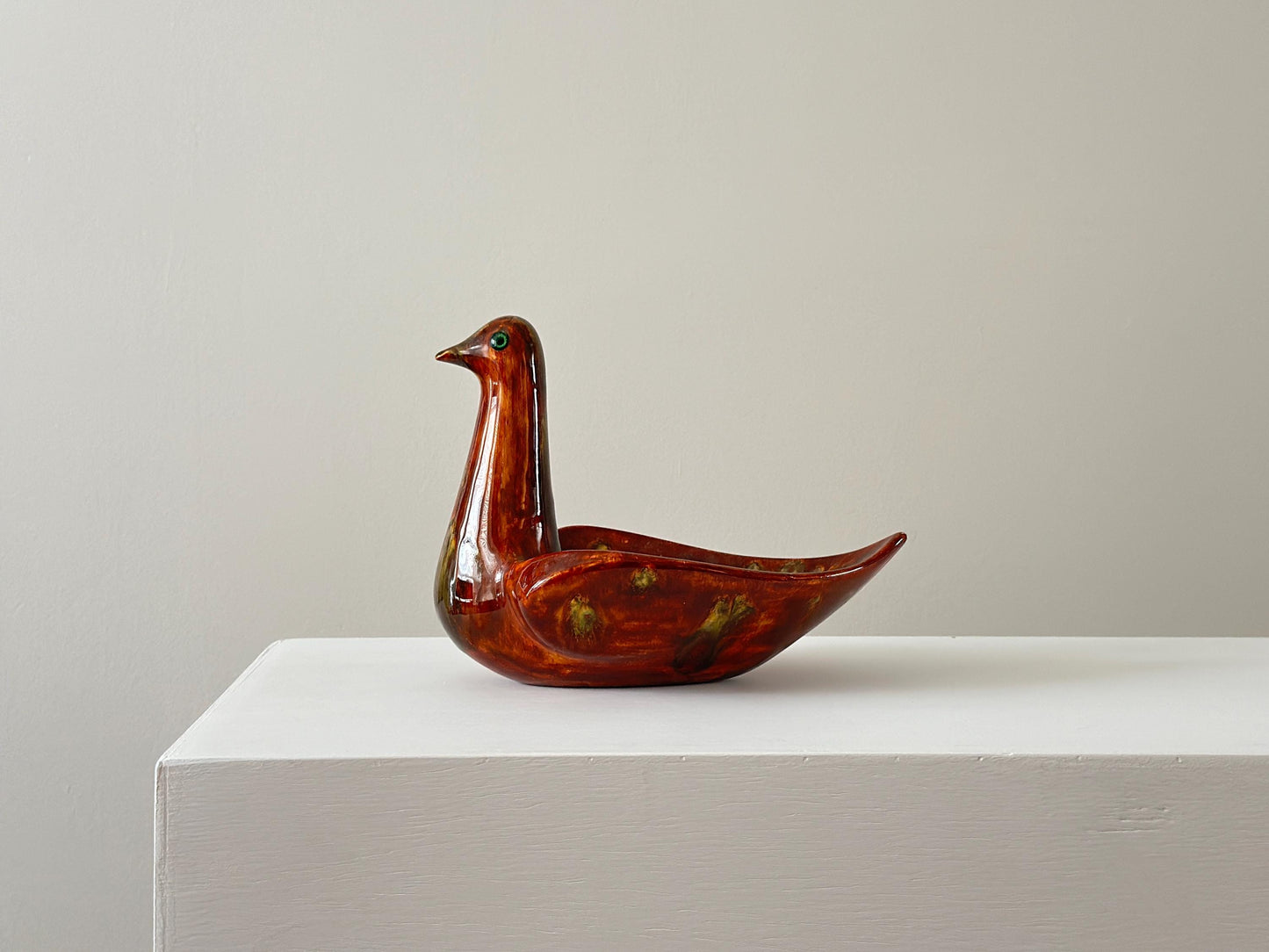 1960s – French studio pottery bird dish with rich red and green tones