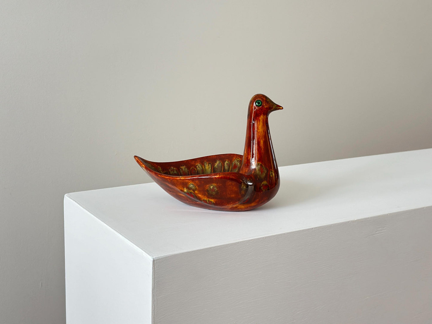 1960s – French studio pottery bird dish with rich red and green tones