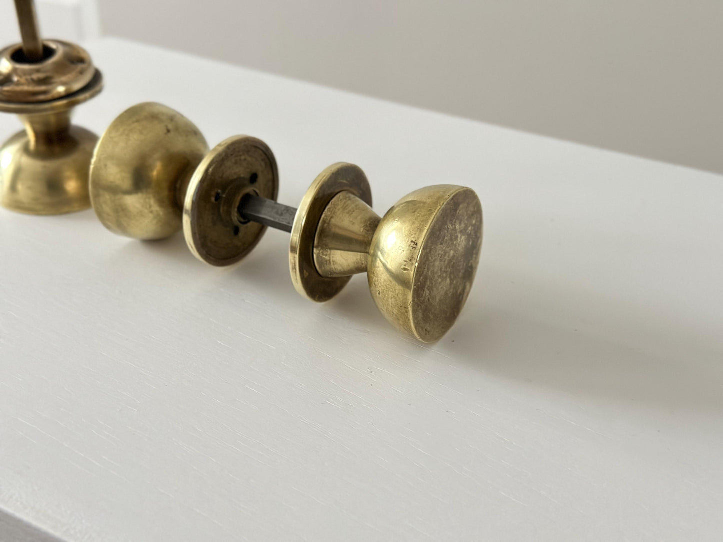 1950s - Solid brass vintage geometric door knobs with modernist design and patina