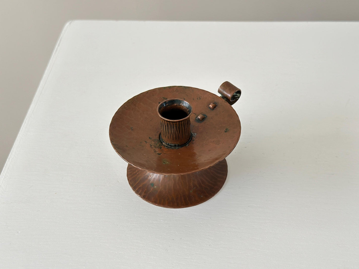 1920s – Roycroft Hammered Copper Small Loop Handle Candlestick