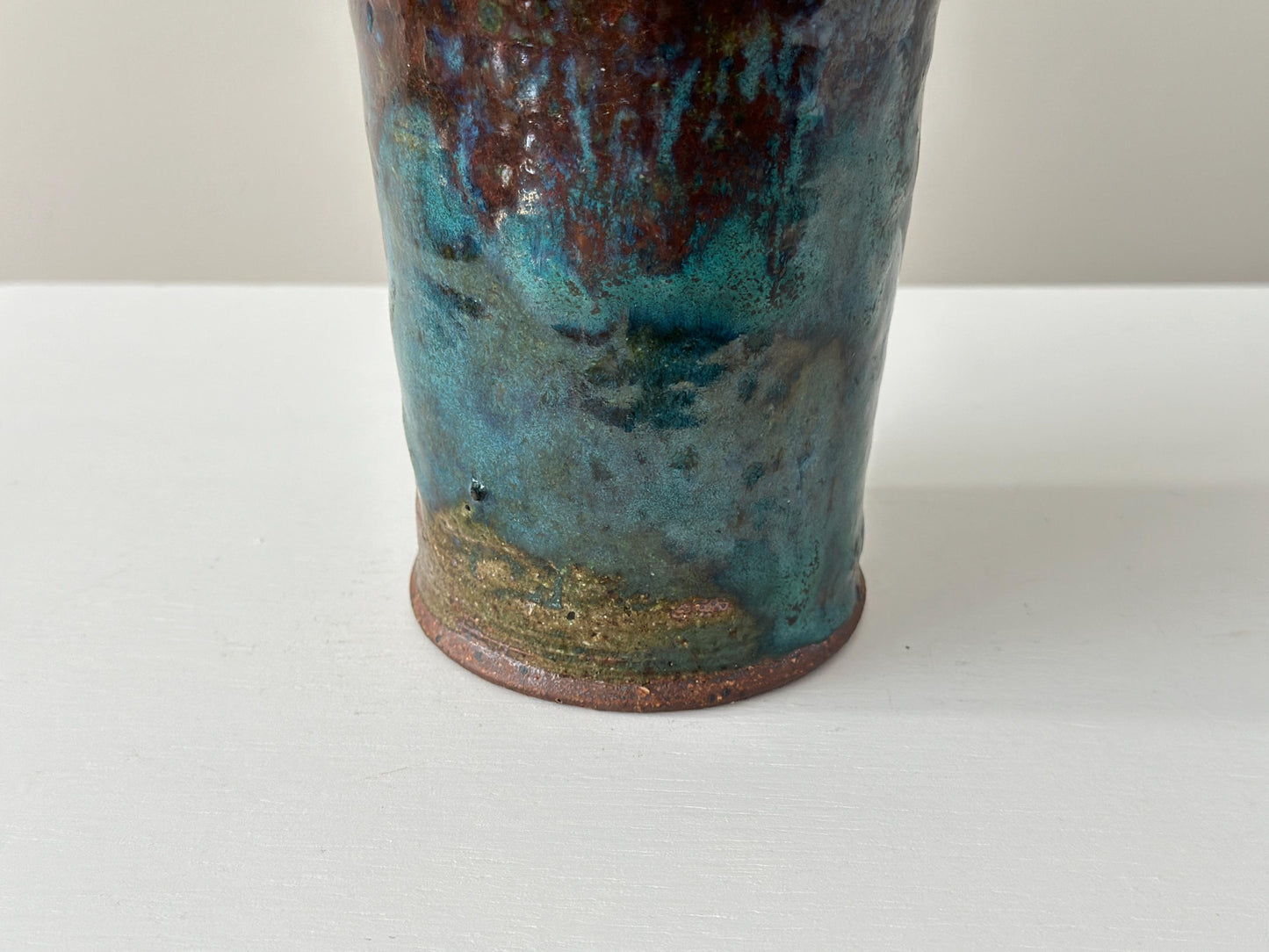 1980 – Signed studio stoneware vase with rich tones and verdigris glaze
