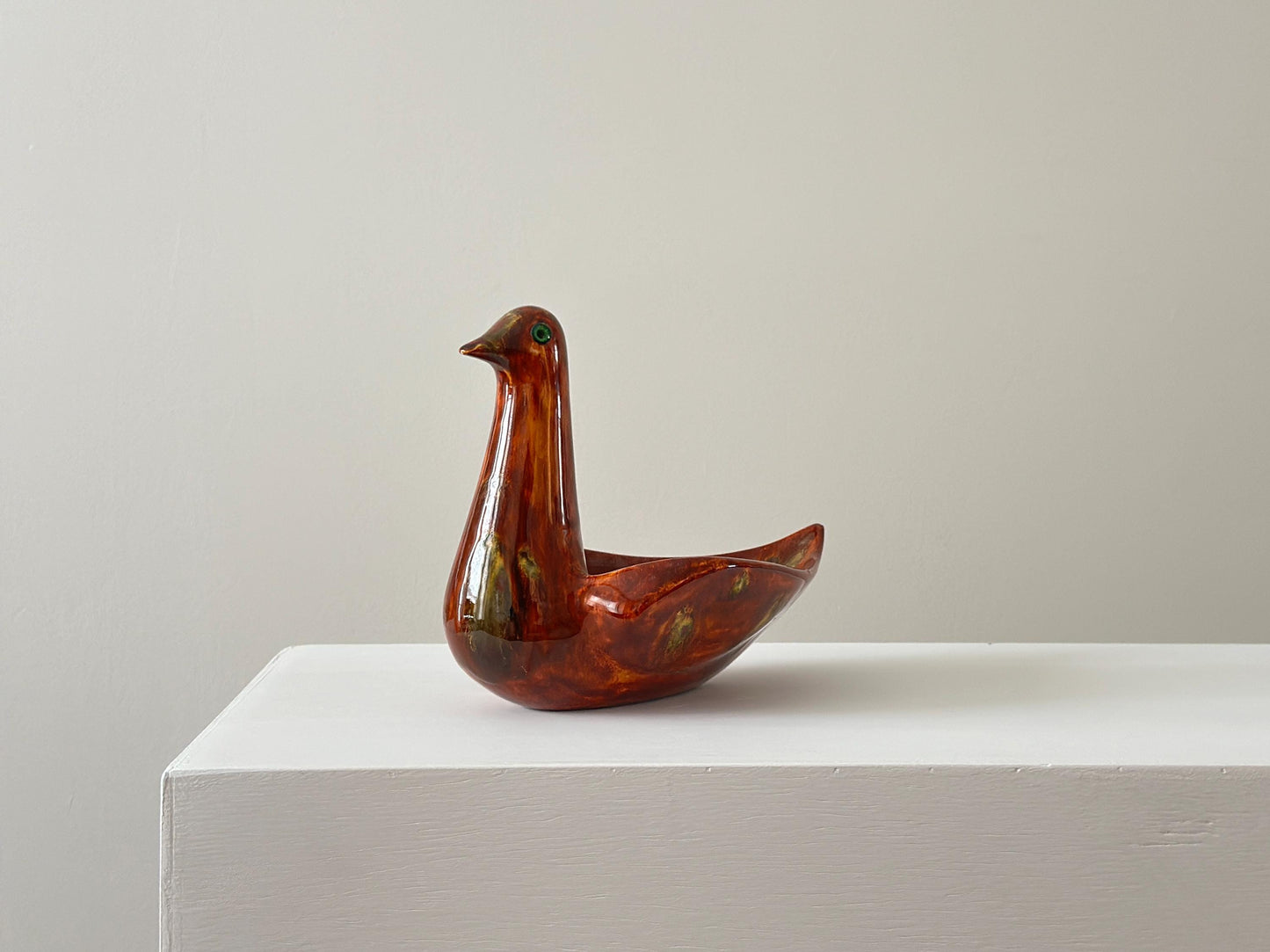 1960s – French studio pottery bird dish with rich red and green tones