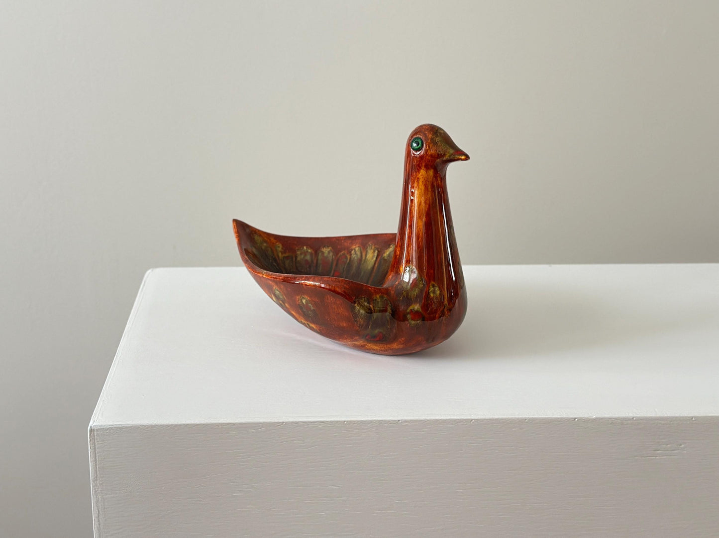 1960s – French studio pottery bird dish with rich red and green tones