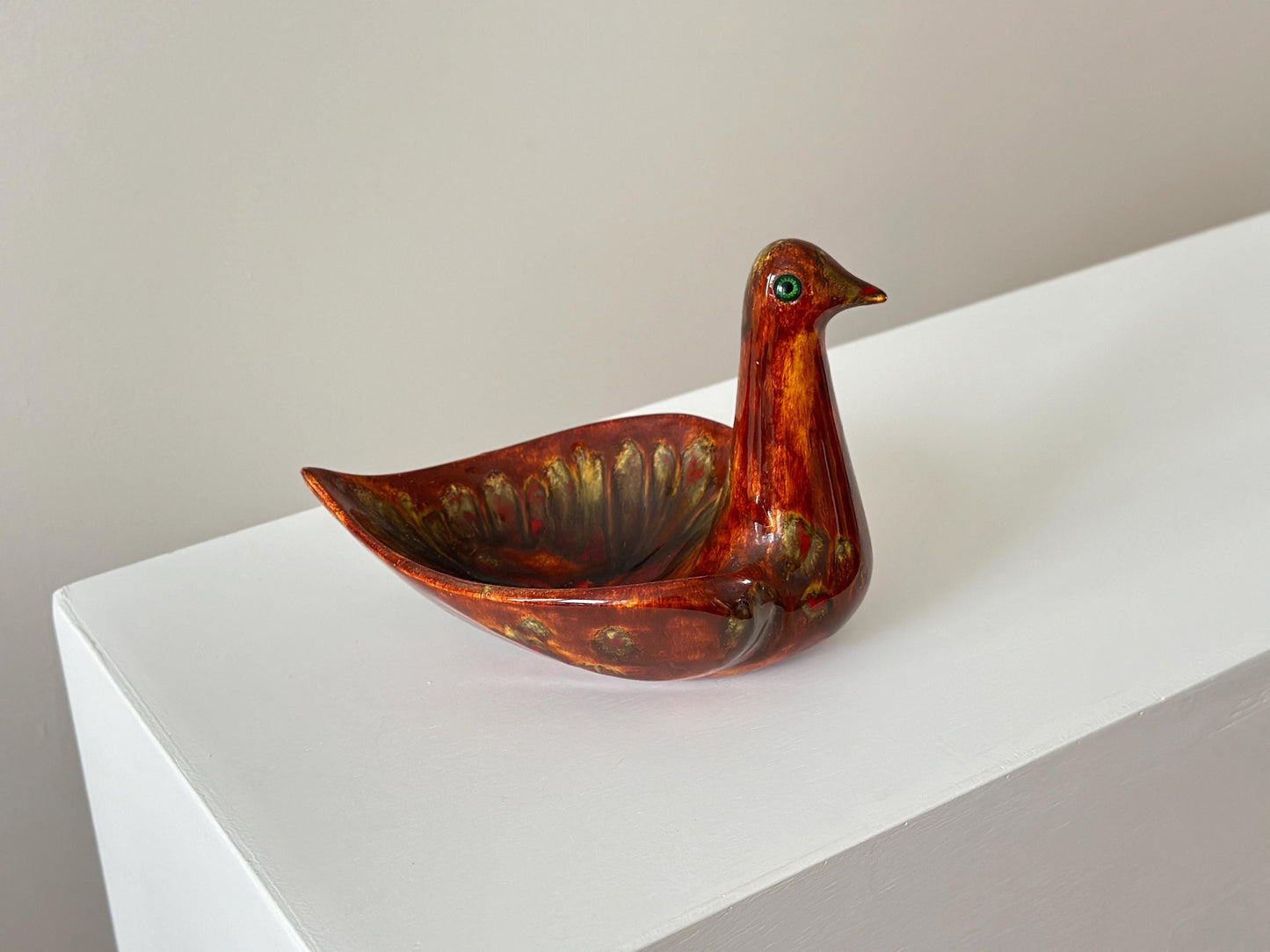 1960s – French studio pottery bird dish with rich red and green tones