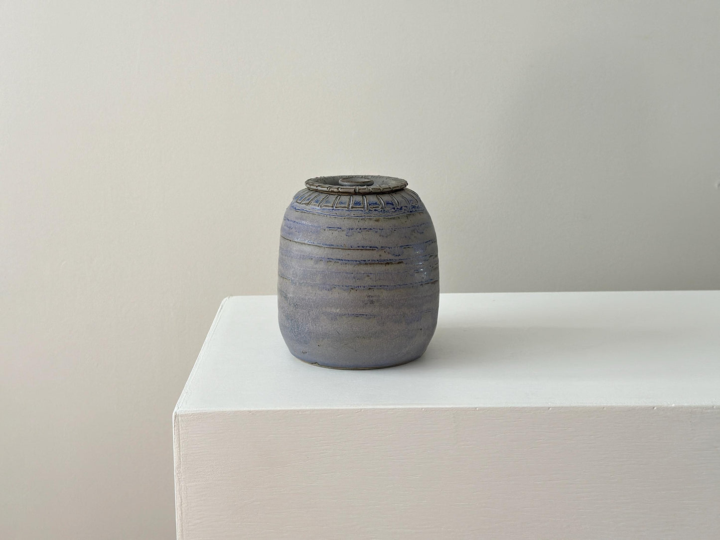 Vintage blue grey studio pottery jar with top, signed.