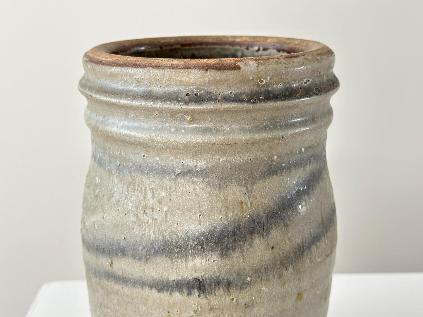 Antique salt glazed crock with blue-grey bands