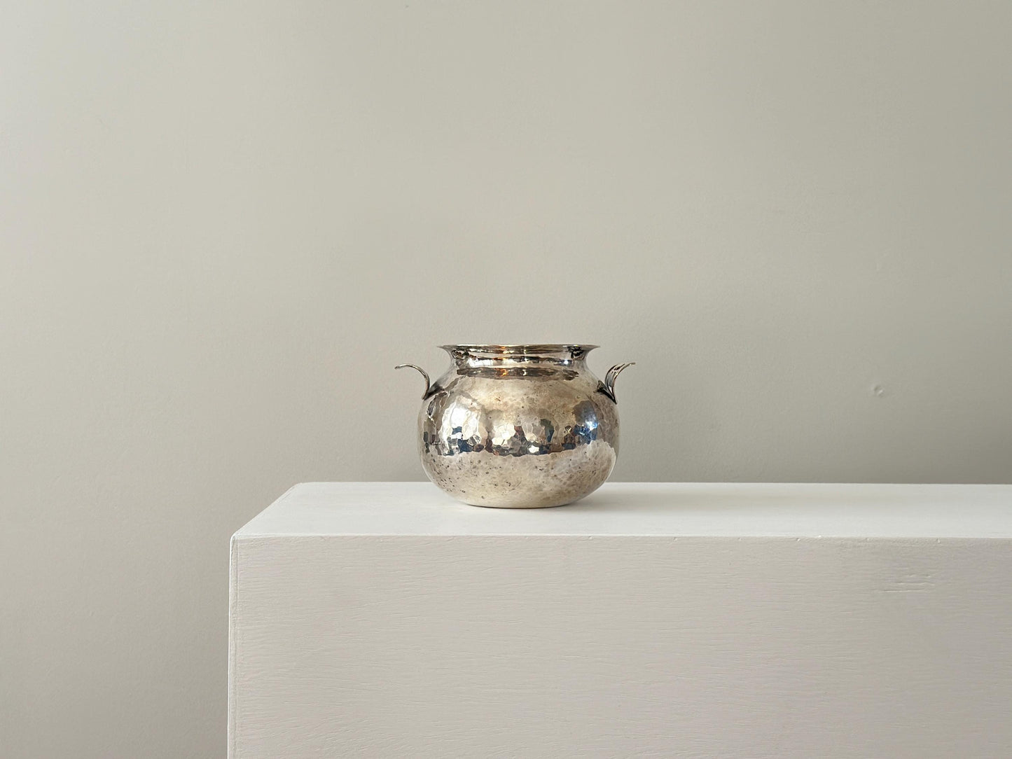Vintage handcrafted silver plated hammered vessel with handles