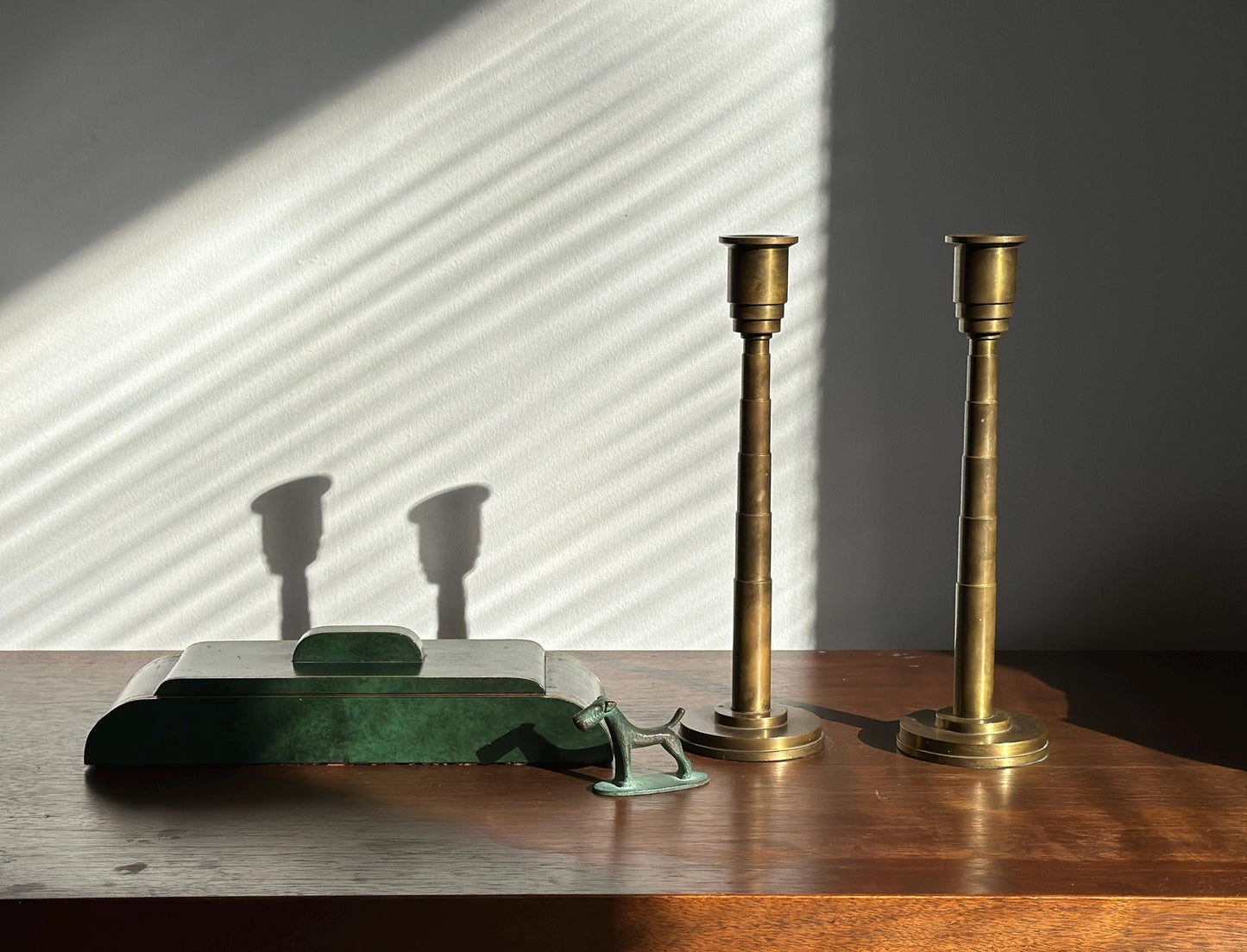 1930s – Pair of solid brass Art Deco candleholders with tiered stepped design