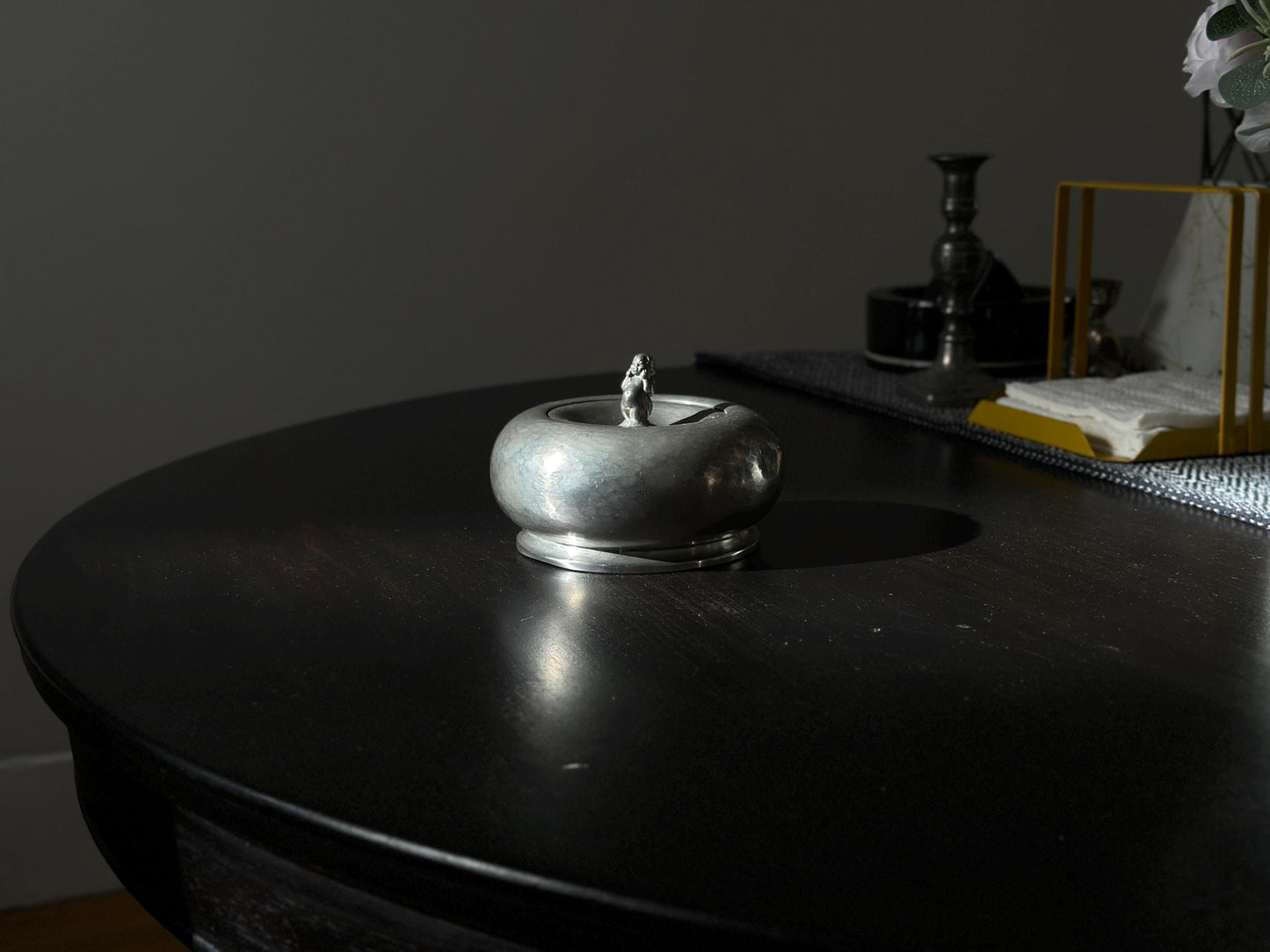 1920s – Danish rounded form hammered pewter box with merman lid