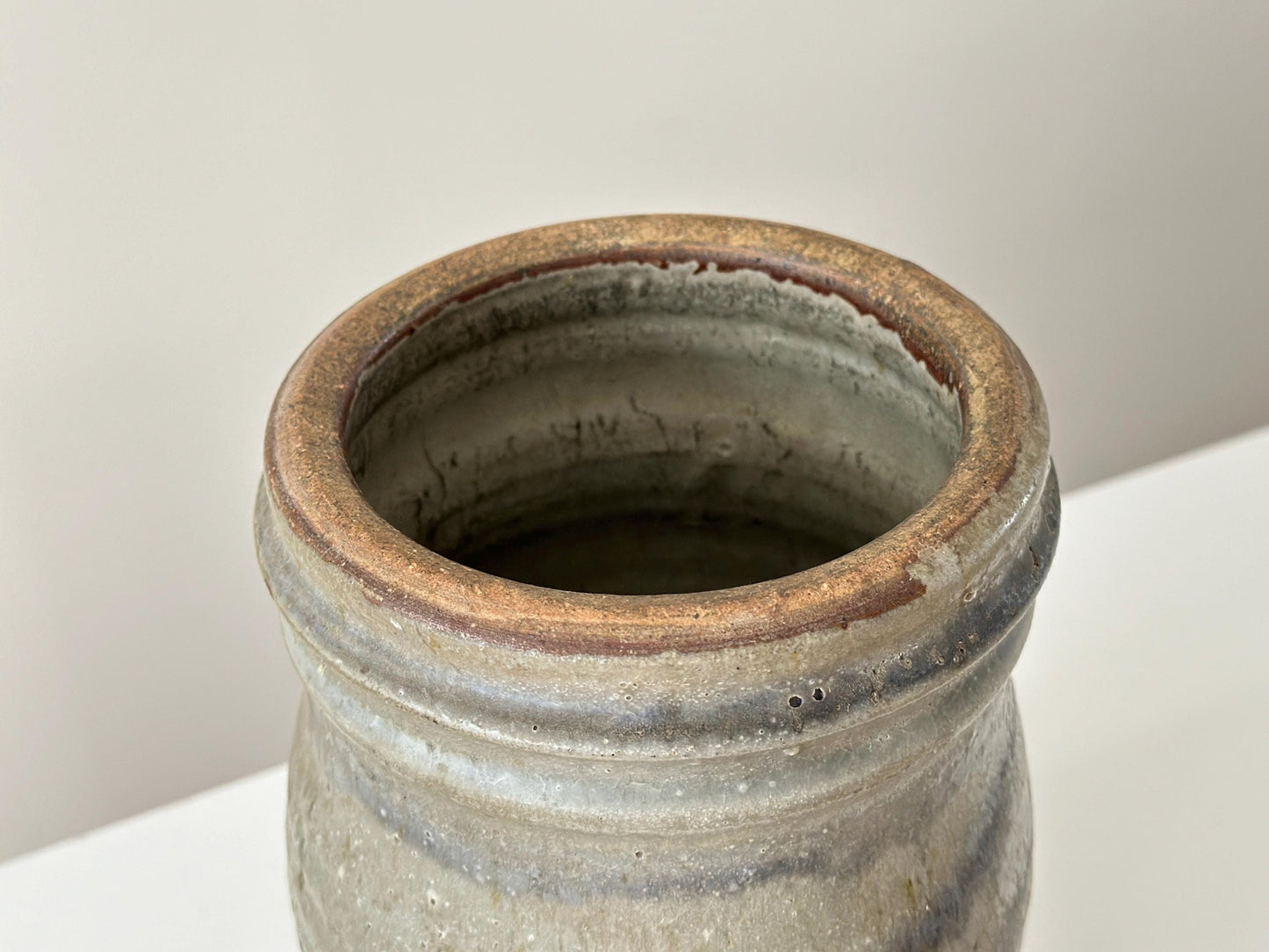Antique salt glazed crock with blue-grey bands