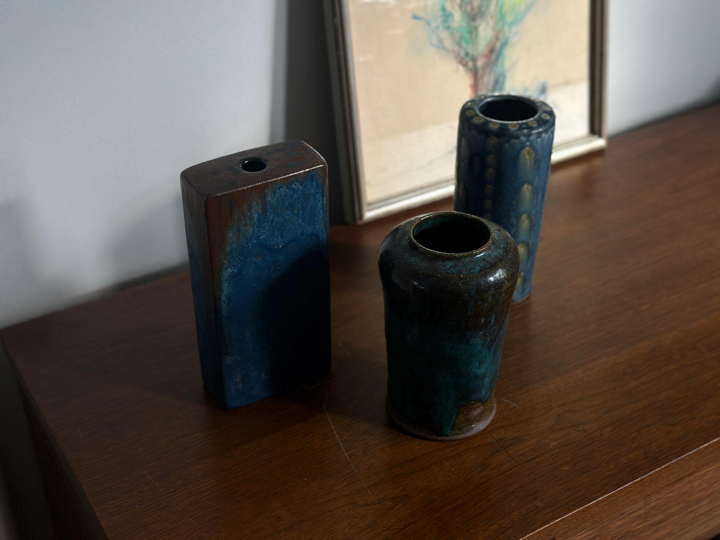 1980 – Signed studio stoneware vase with rich tones and verdigris glaze