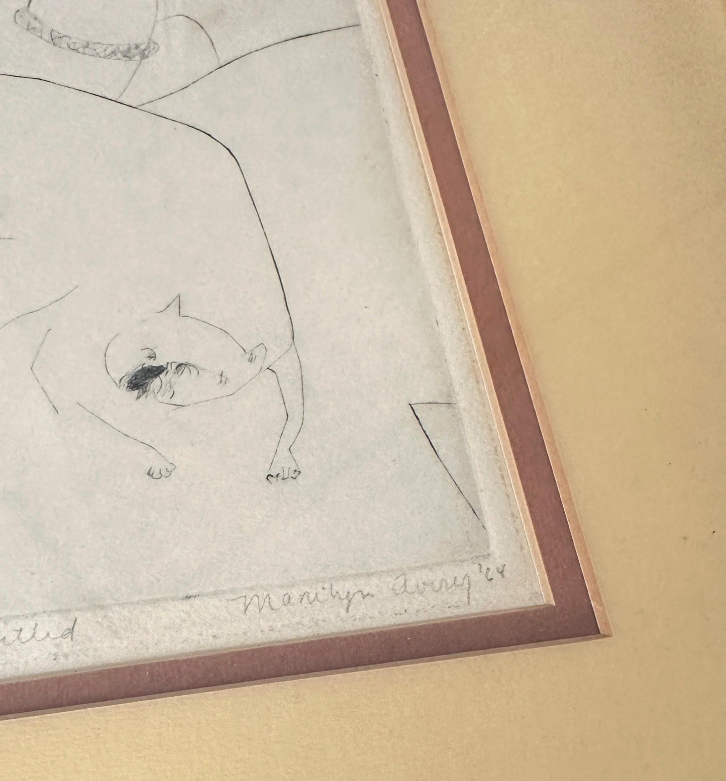 Signed artist proof illustration of a person and cat, framed and double matted