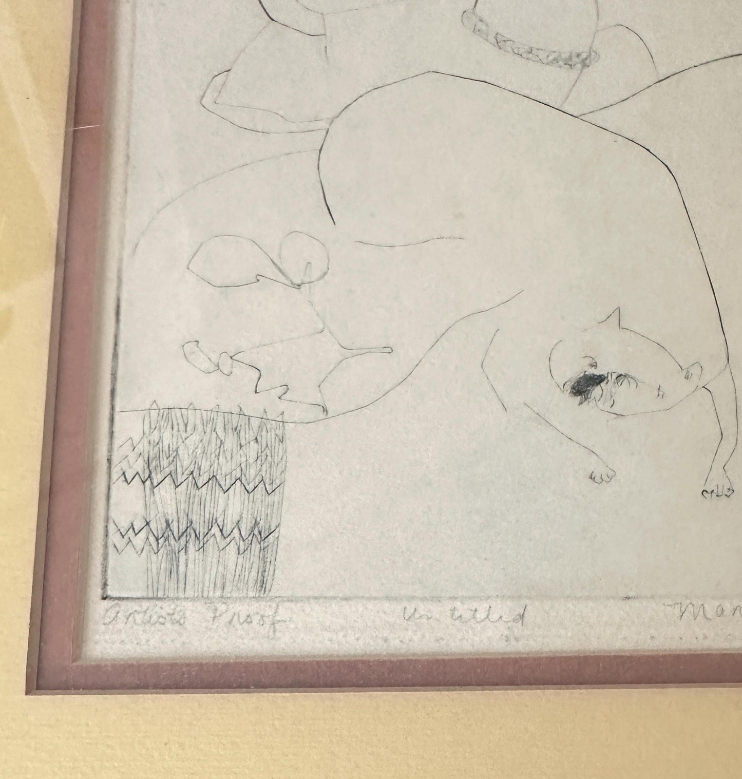 Signed artist proof illustration of a person and cat, framed and double matted