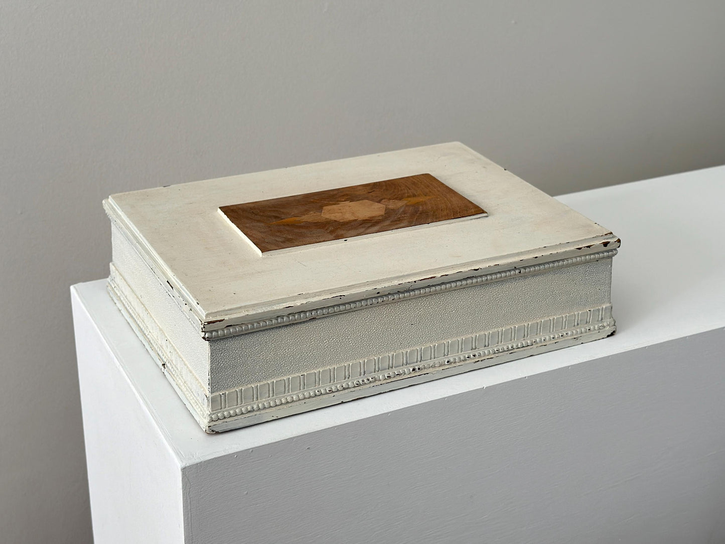 Charming painted antique document box with marquetry