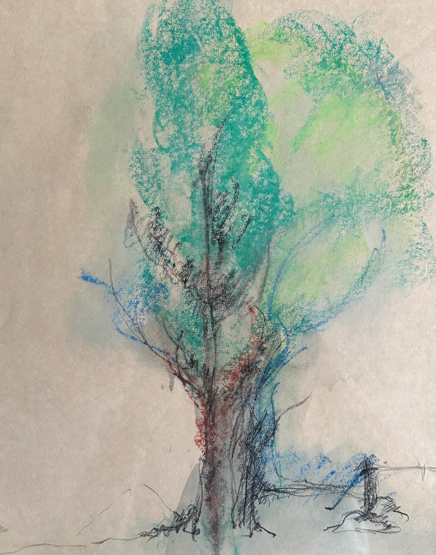 Vintage pastel drawing of a tree in sprint by M. Philips