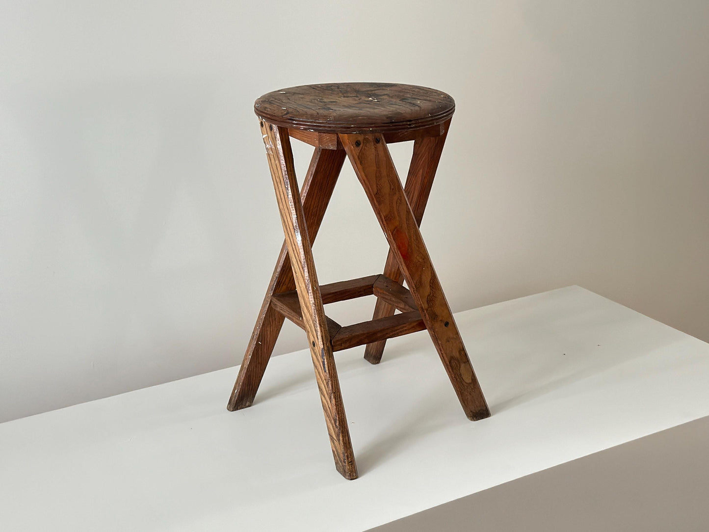 1934 – Modernist craftsman stool with angular legs and patina