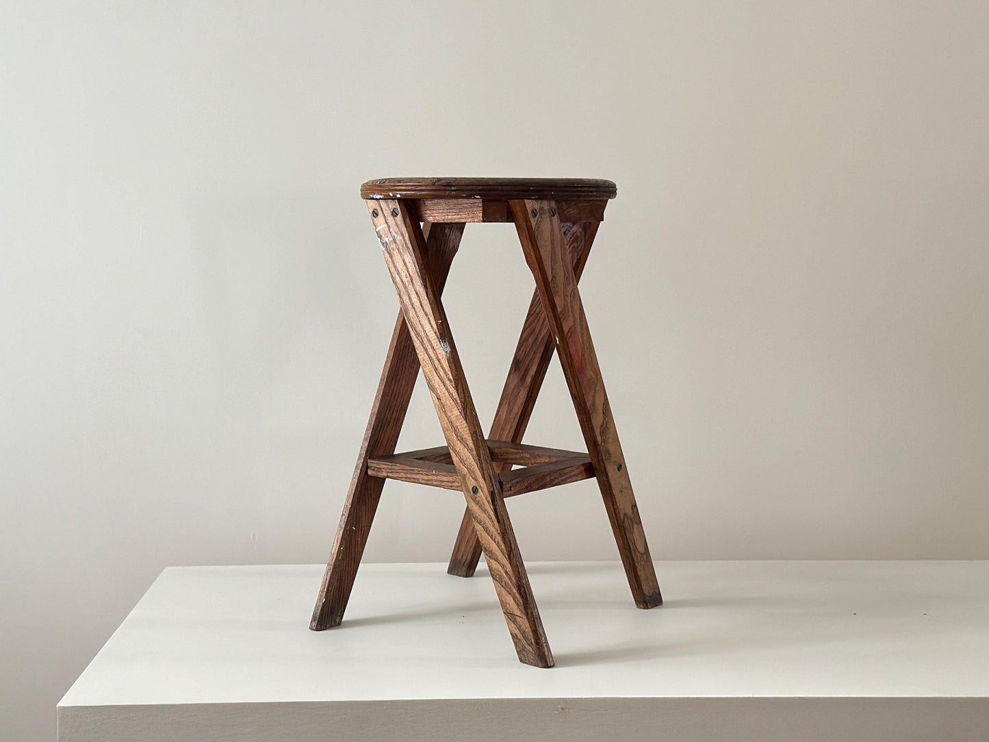 1934 – Modernist craftsman stool with angular legs and patina