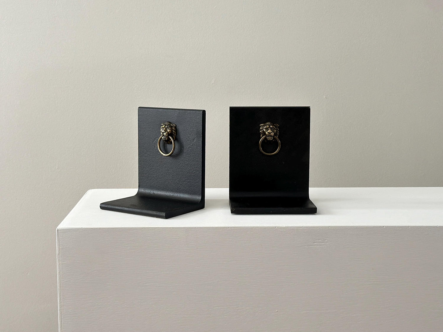 Vintage steel and brass lion head knocker bookends