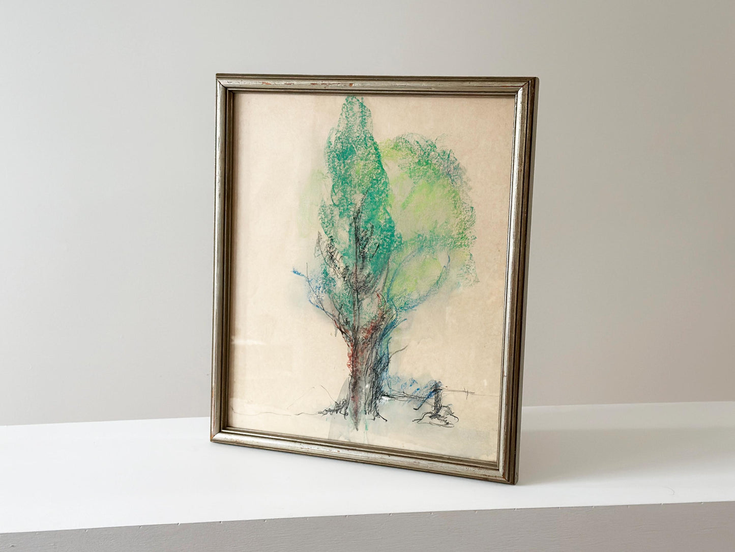 Vintage pastel drawing of a tree in sprint by M. Philips