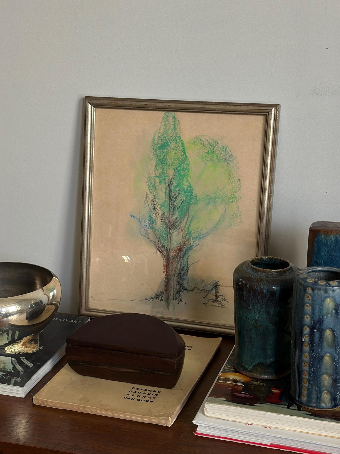 Vintage pastel drawing of a tree in sprint by M. Philips