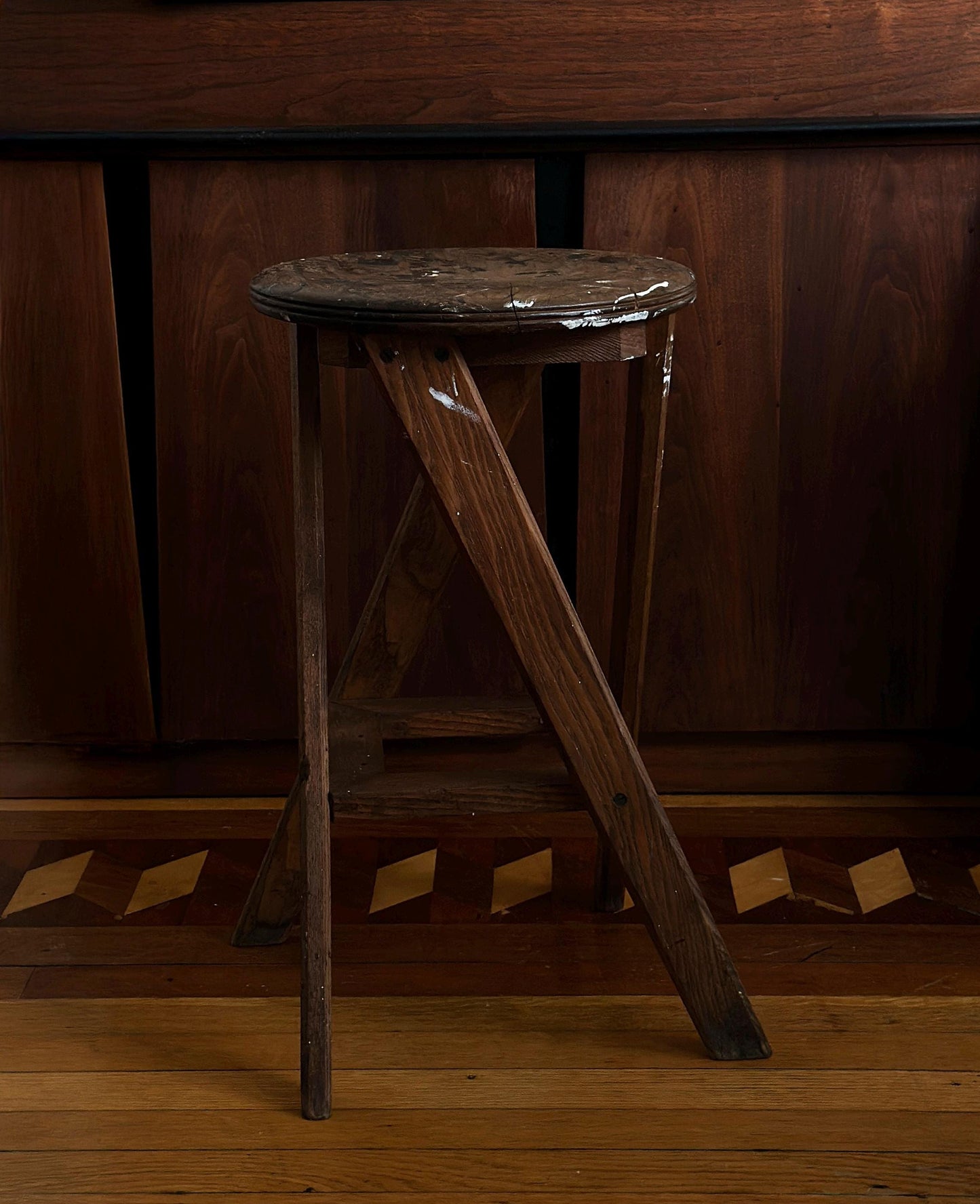 1934 – Modernist craftsman stool with angular legs and patina