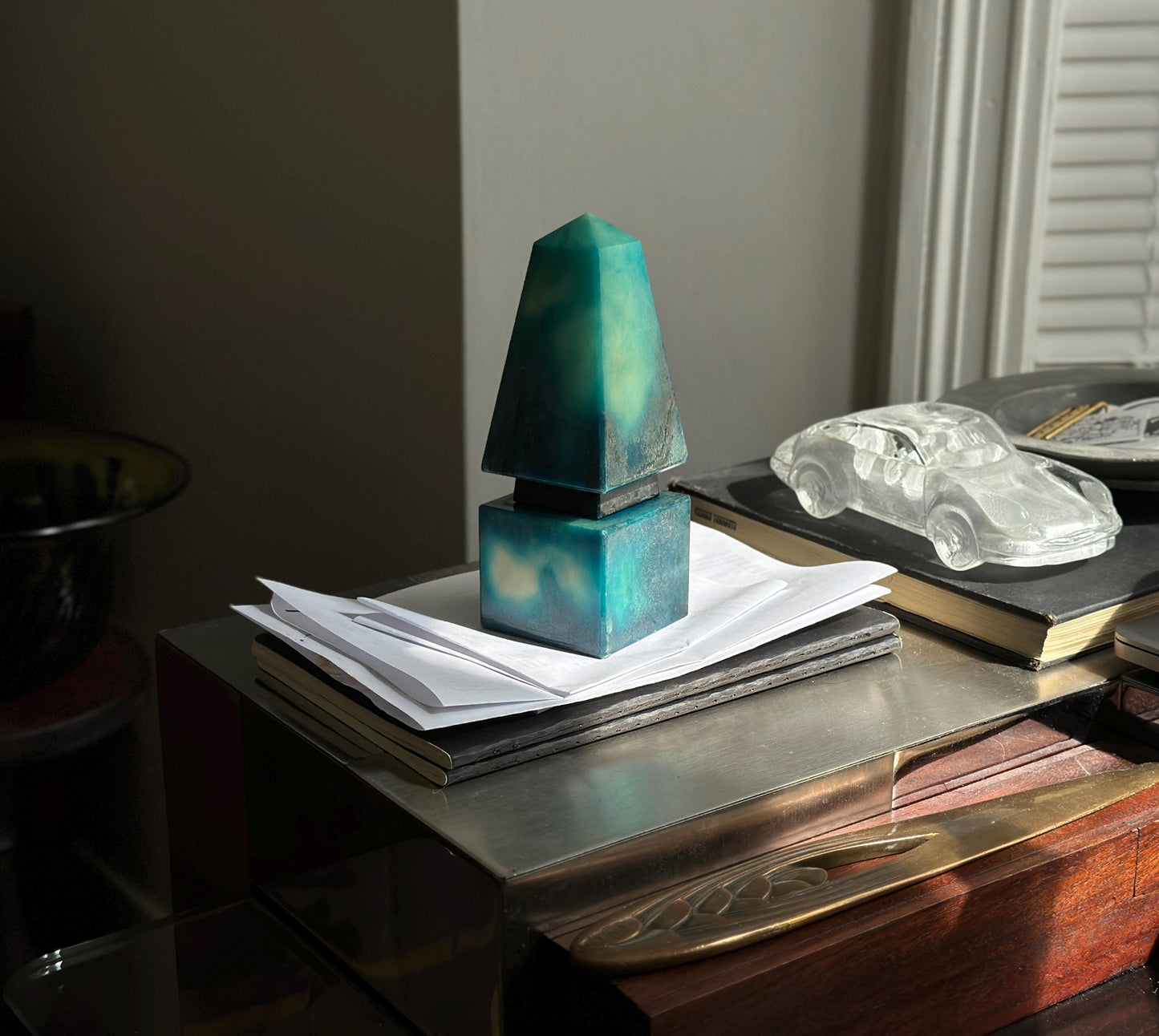 Vintage marble stone blue green obelisk