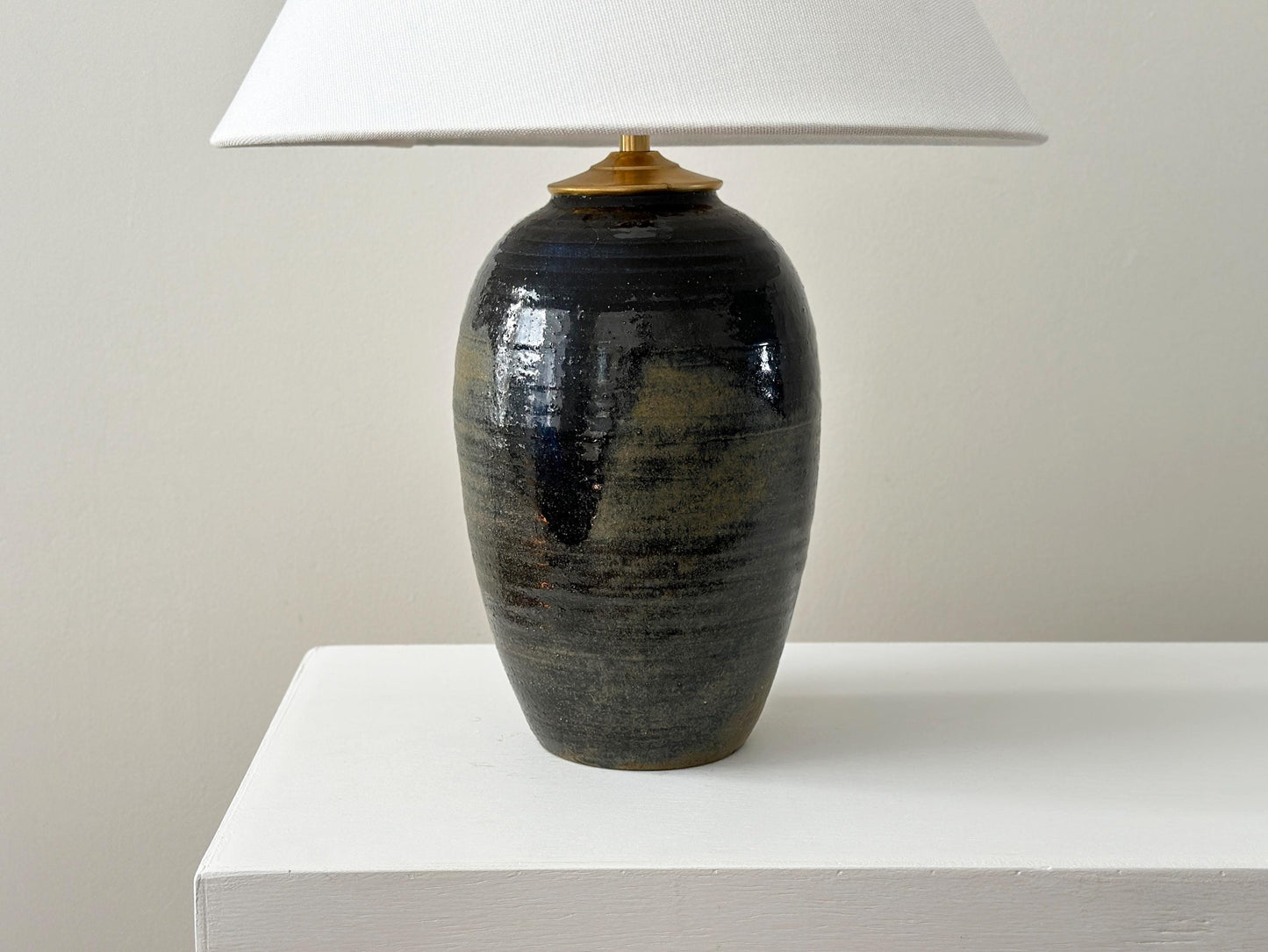 Vintage earth tone signed studio pottery lamp, rewired