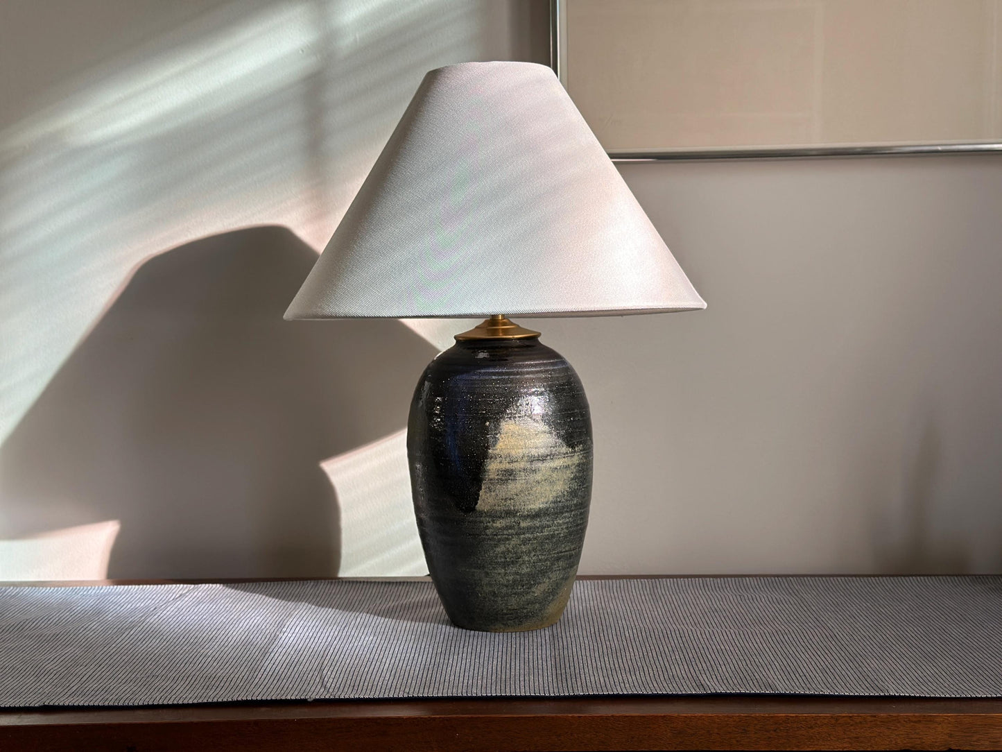 Vintage earth tone signed studio pottery lamp, rewired