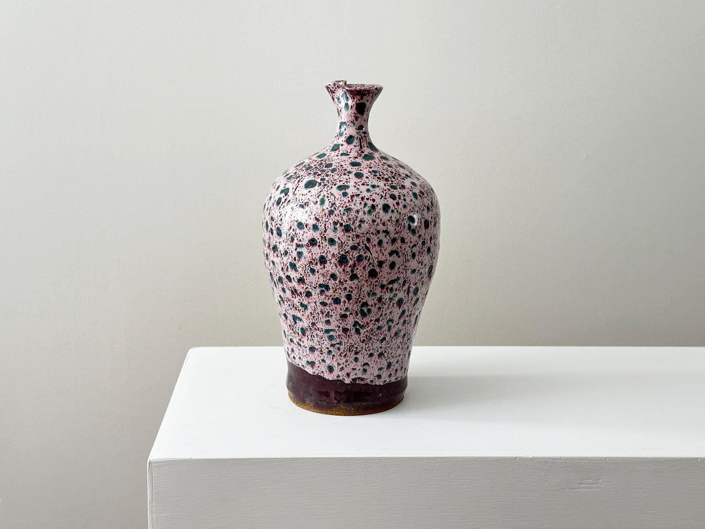 1960s – Signed mid-century studio pottery splatter glaze pink teal vase