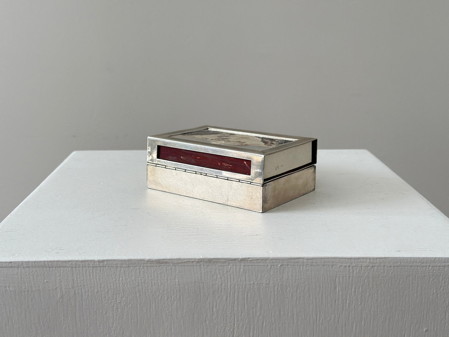 1930s – Modernist French Deschamps Frères silverplate cigarette or trinket box with large art matchbox