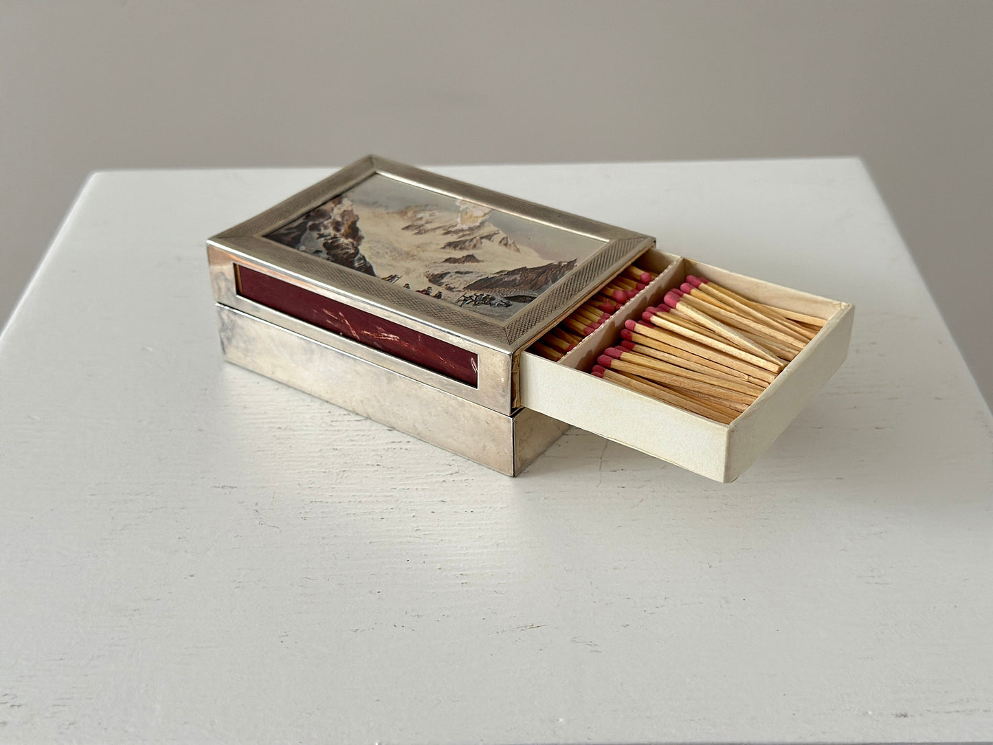 1930s – Modernist French Deschamps Frères silverplate cigarette or trinket box with large art matchbox