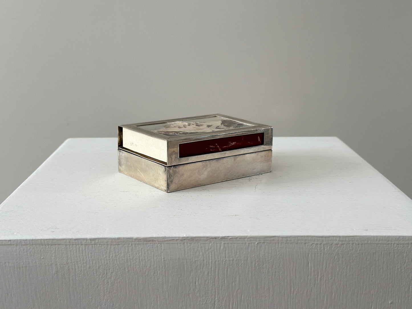 1930s – Modernist French Deschamps Frères silverplate cigarette or trinket box with large art matchbox
