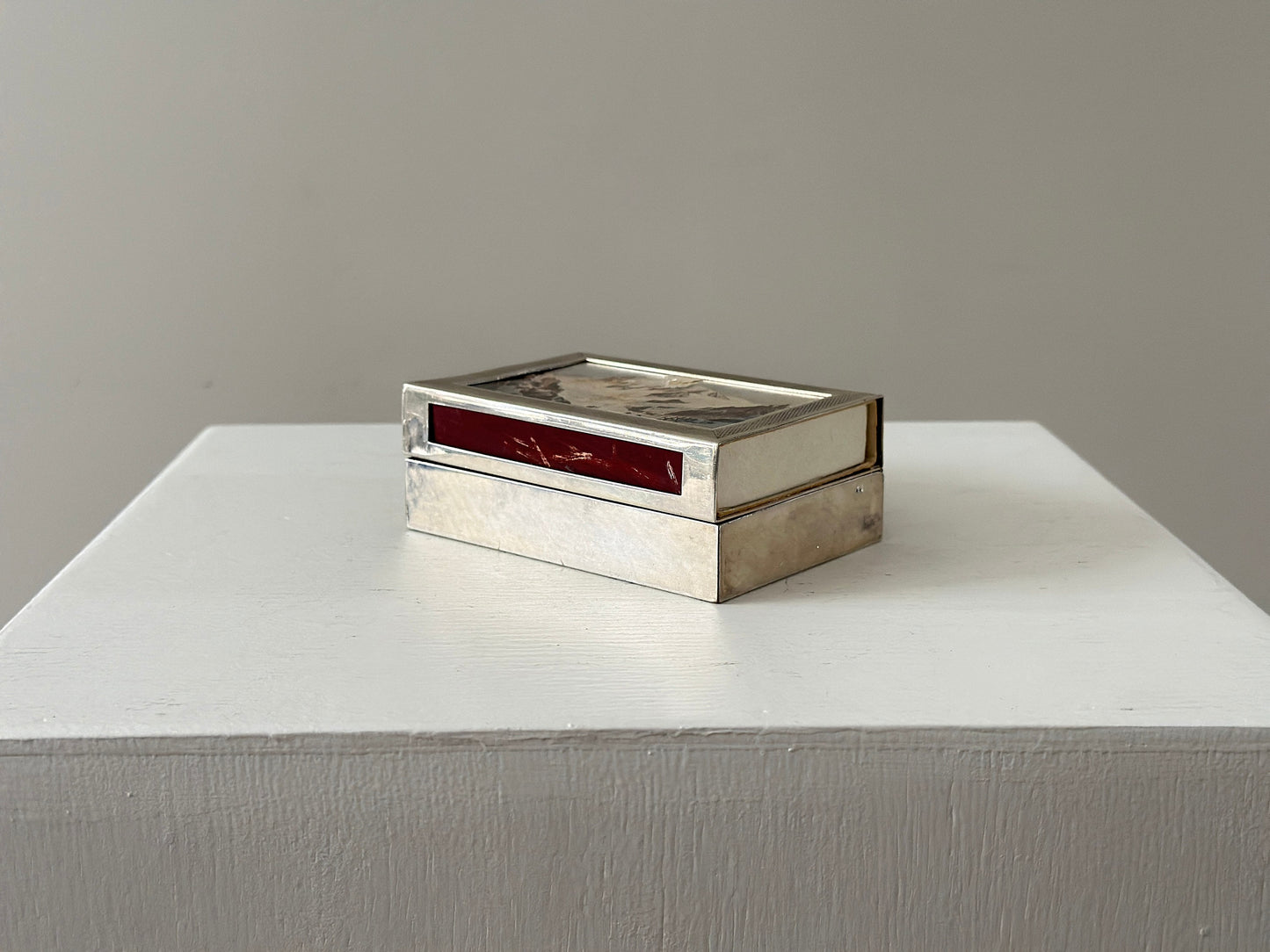 1930s – Modernist French Deschamps Frères silverplate cigarette or trinket box with large art matchbox