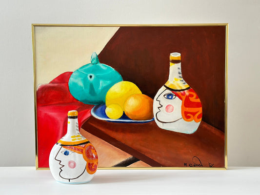 1964 hand painted Giovanni Desimone vase with 1986 still life painting featuring the vase