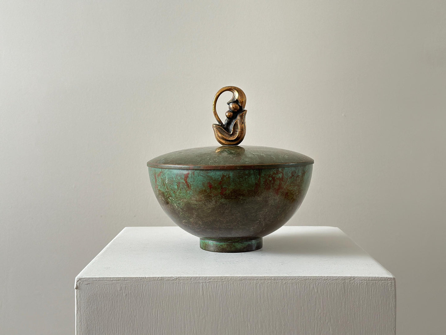 1930s – Bronze lidded bowl by Carl Sorensen with green verdigris patina